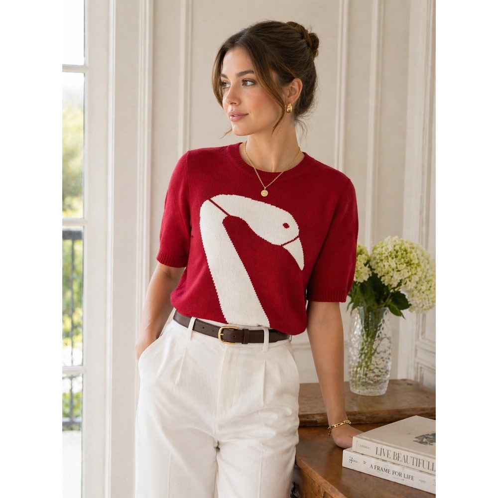 Vintage JG Hook Red Cotton Goose Intarsia Sweater Womens Small 3/4 Sleeve VGUC